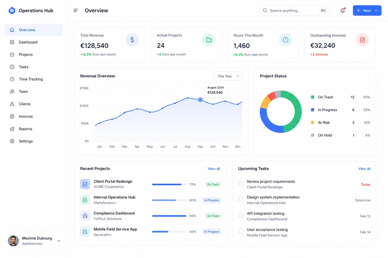 Concept operations dashboard showing total revenue, active projects, hours tracked, outstanding invoices, a revenue chart, project status breakdown, recent projects and upcoming tasks.